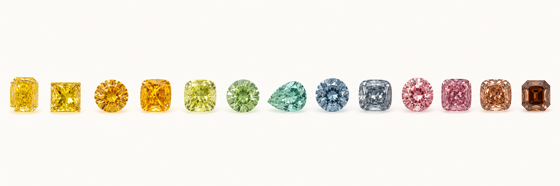 A row of diamonds showing yellow, orange, green, pink, brown, blue, and mixed hues