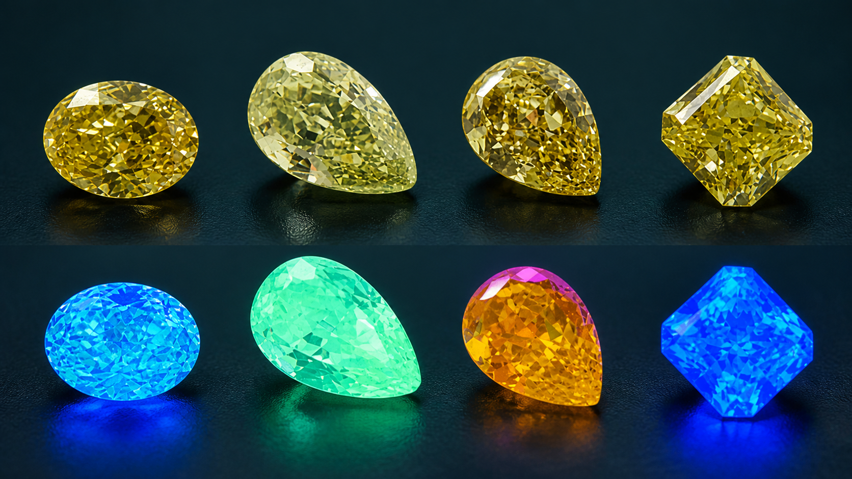 Colored diamonds shown fluorescing under ultraviolet light