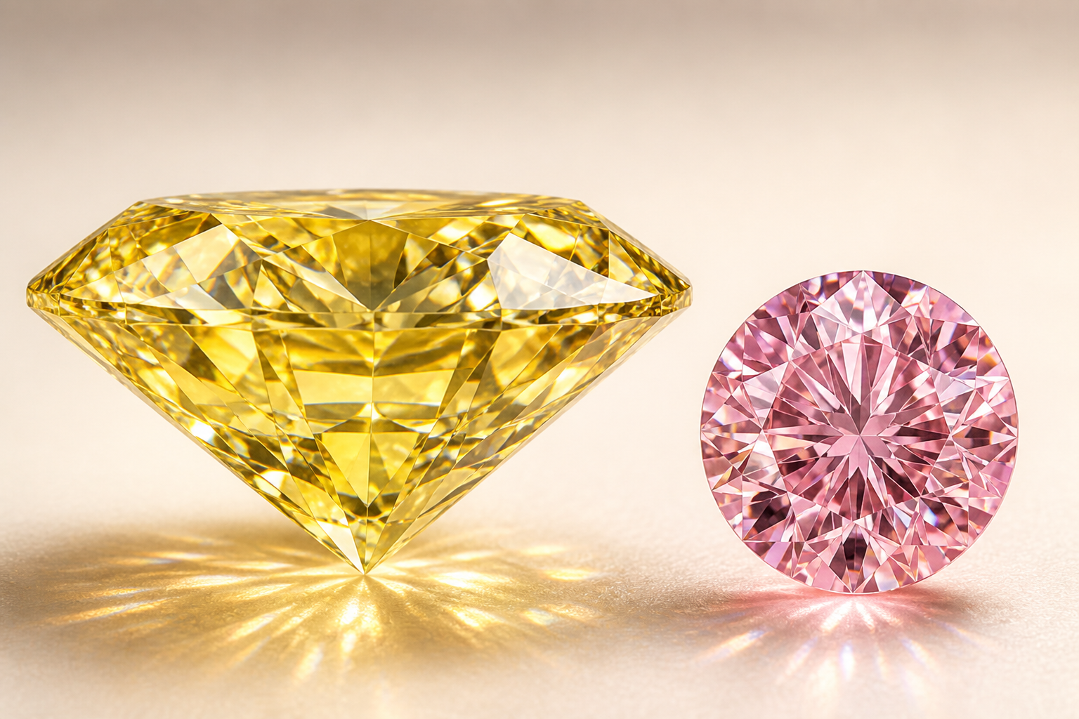 A precision-cut yellow diamond in profile beside a face-up pink diamond