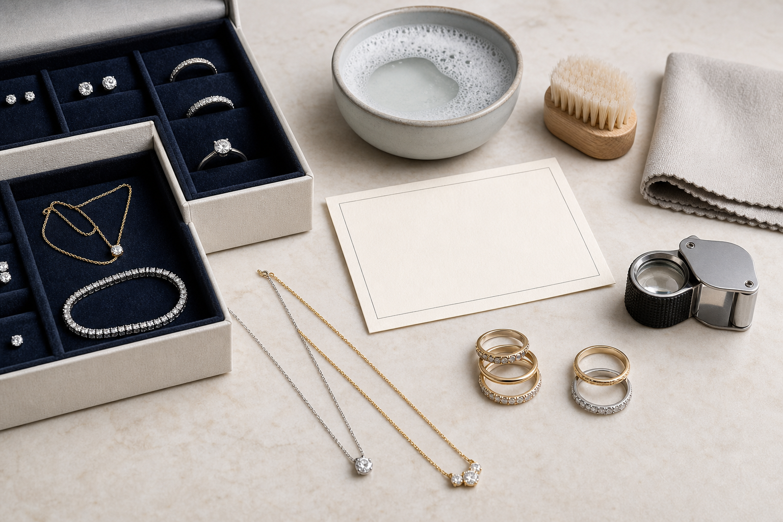 A coordinated diamond jewelry collection arranged for gradual building and care