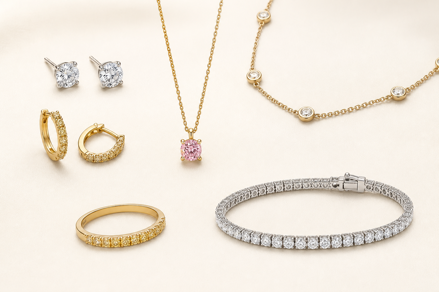 An everyday capsule of diamond earrings, necklaces, rings, and bracelets