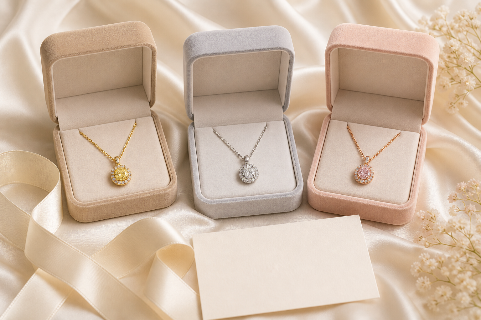 Yellow-gold, white-gold, and rose-gold diamond jewelry in presentation boxes