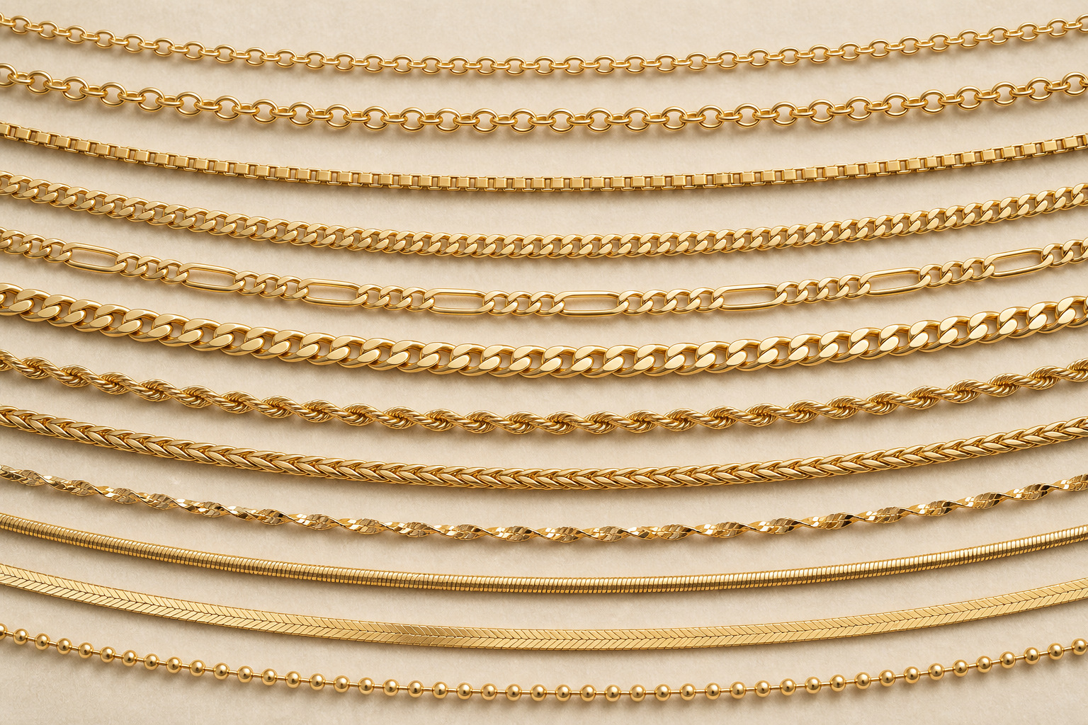 A realistic assortment of yellow-gold cable, box, curb, Figaro, Cuban, rope, wheat, Singapore, snake, herringbone, and sphere chains