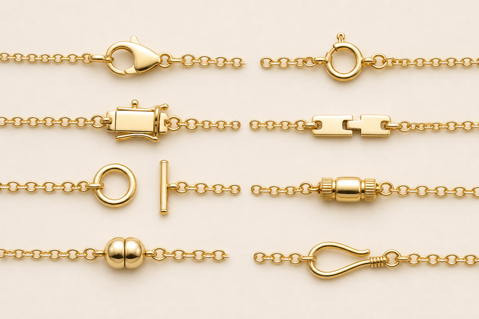 A realistic assortment of lobster, spring ring, box, tongue, toggle, barrel, magnetic, and fishhook clasps