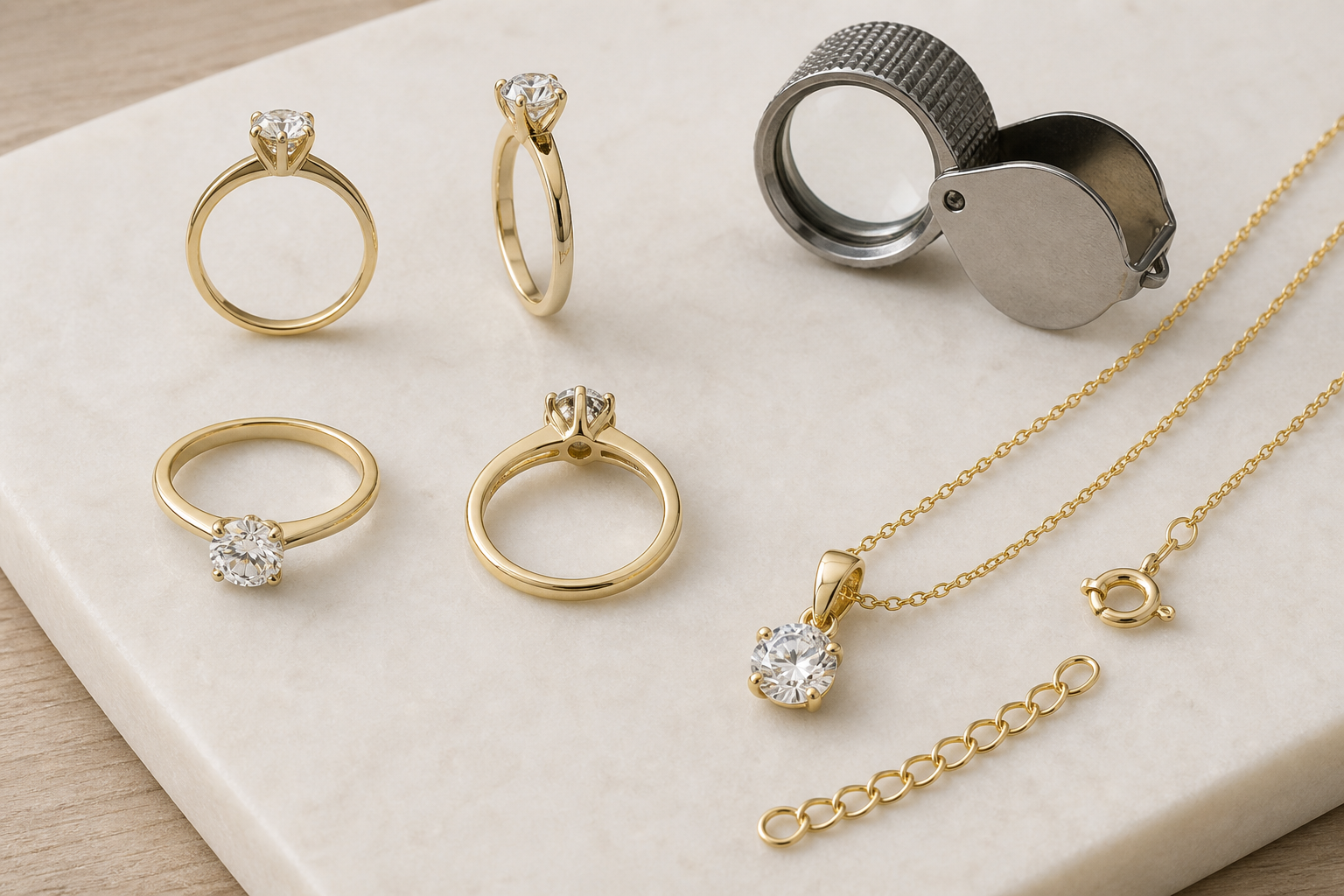 Diamond rings shown from several angles to reveal their shank, shoulders, head, and gallery