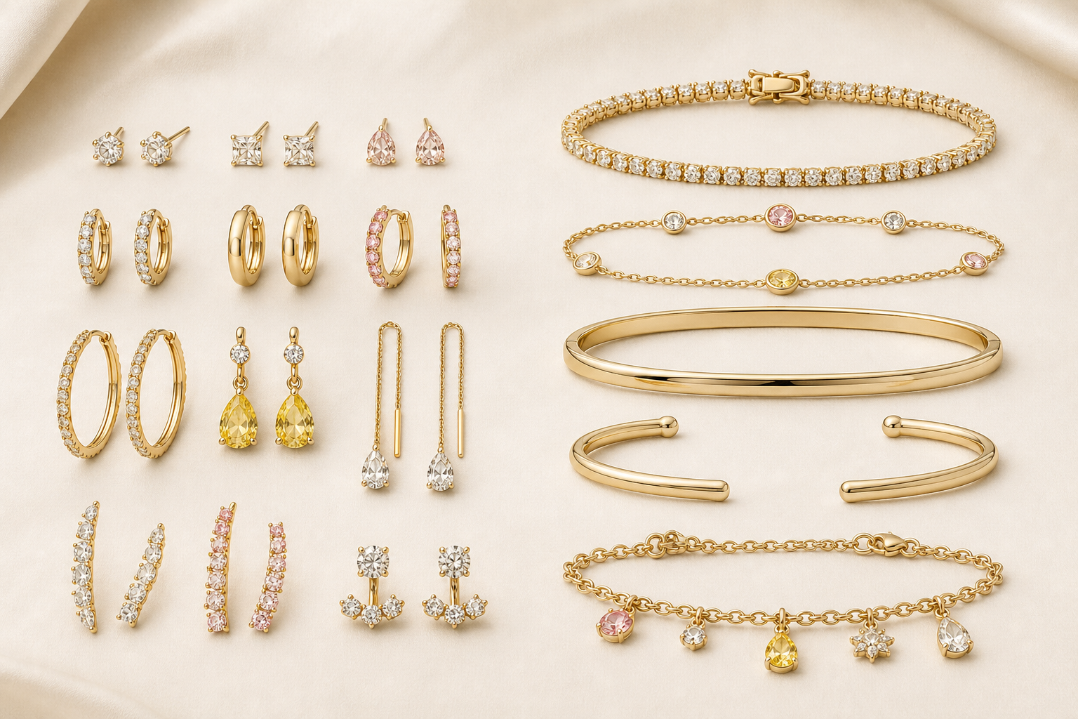 A realistic assortment of diamond studs, hoops, huggies, drops, dangles, climbers, and jackets