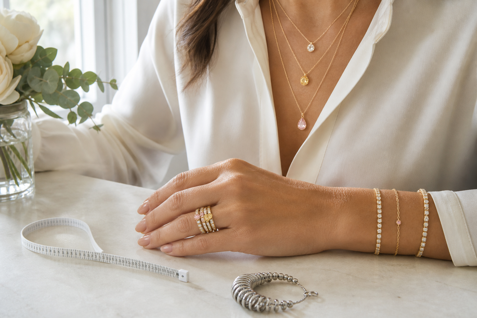 Layered necklaces, stacked diamond rings, and coordinated bracelets worn together