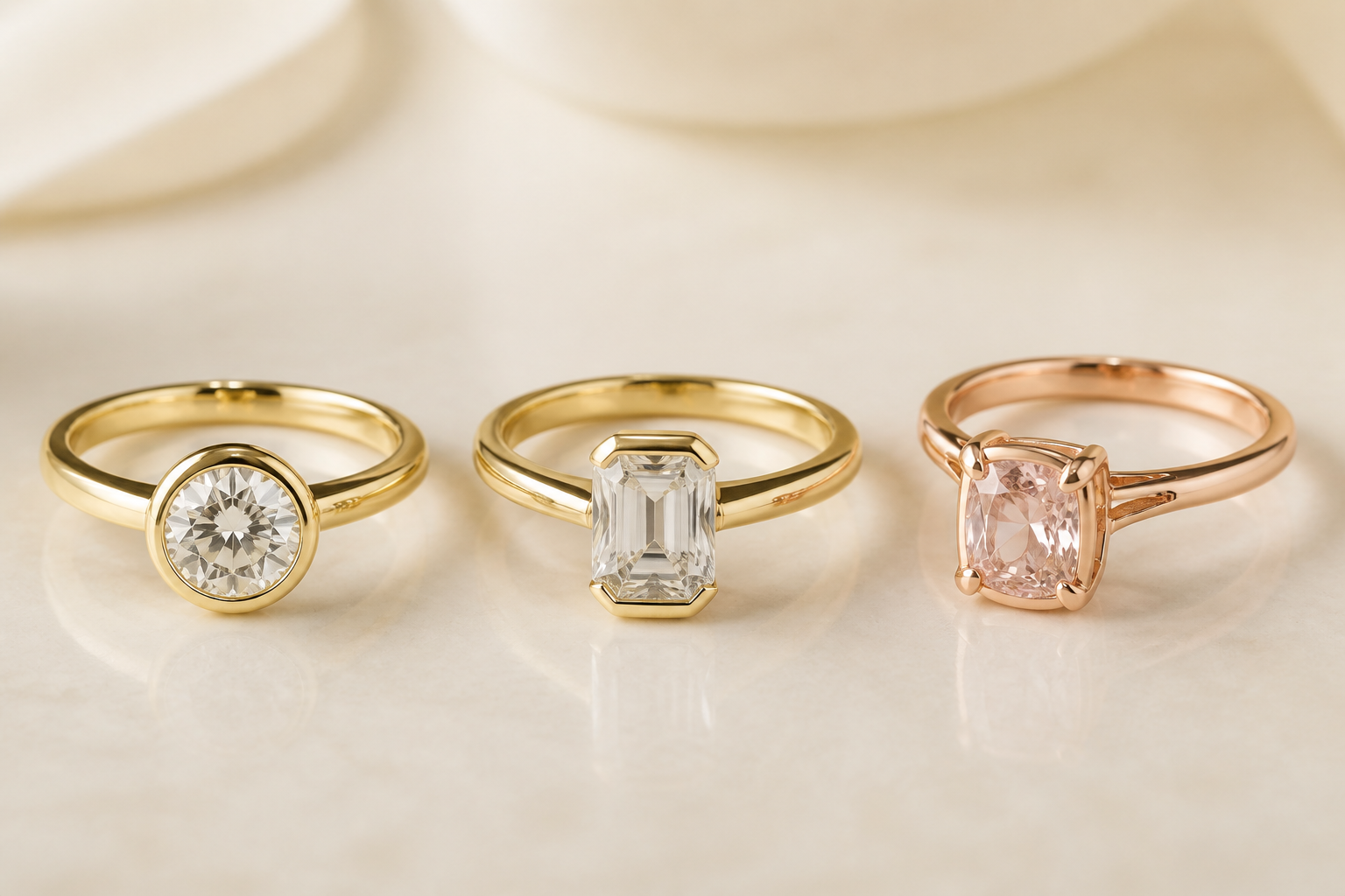 Diamond rings showing a full bezel, half-bezel, and rose-gold basket