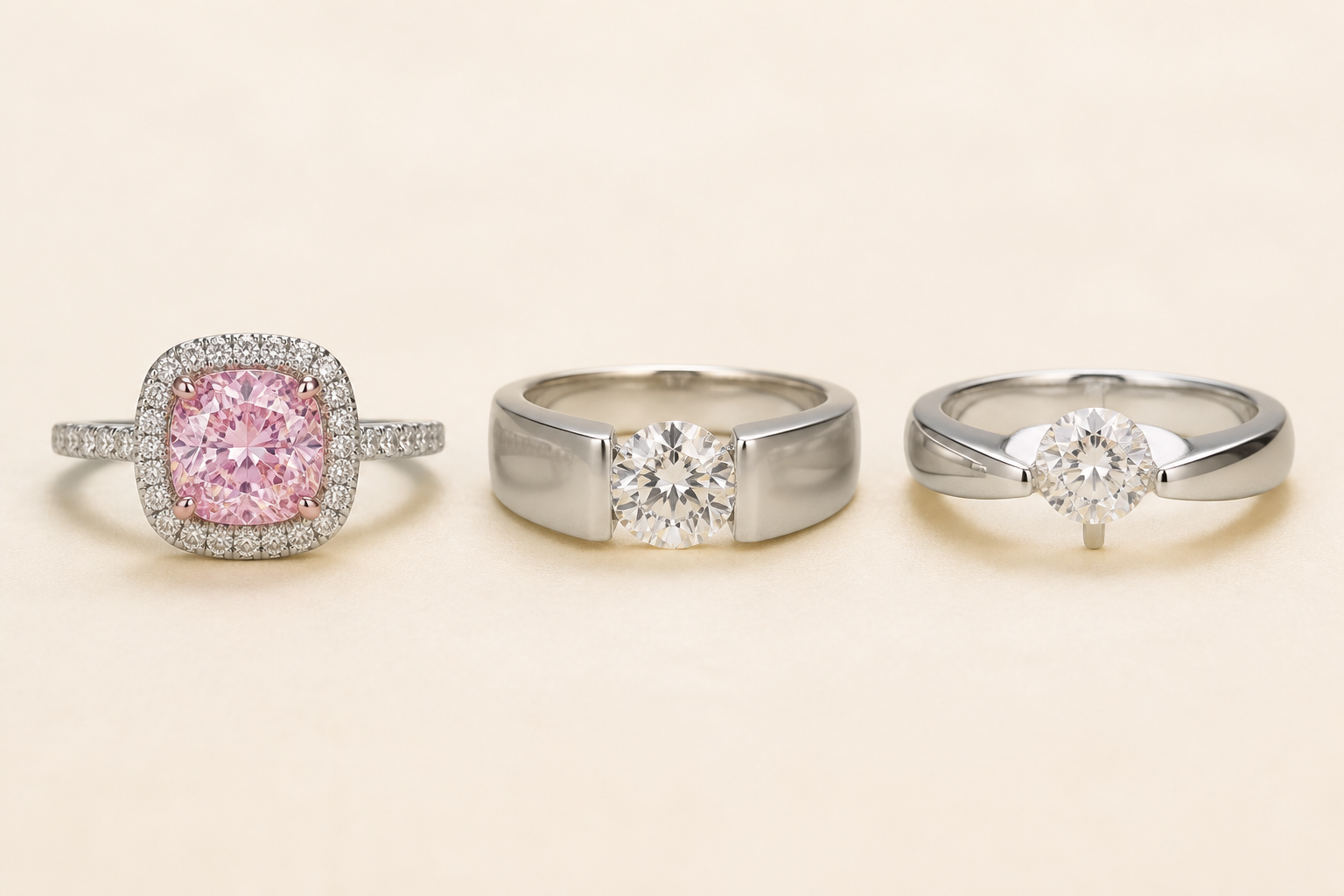 Diamond rings showing halo, tension, and tension-style construction