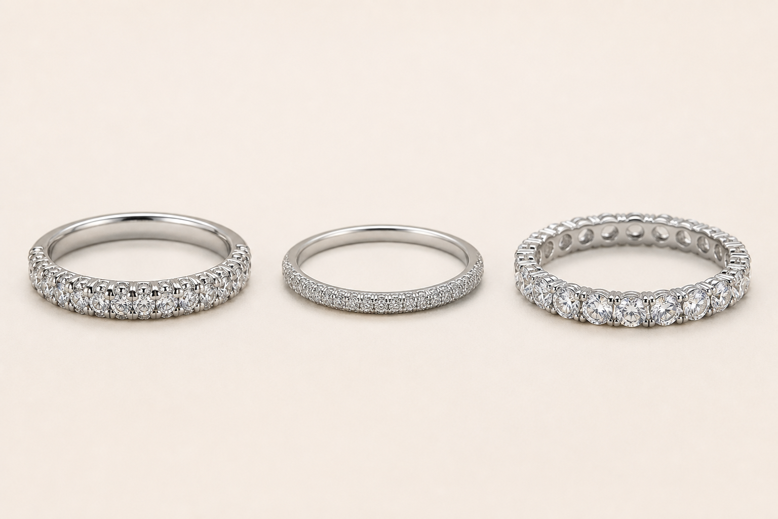 Diamond bands showing pave, micro-pave, and shared-prong construction