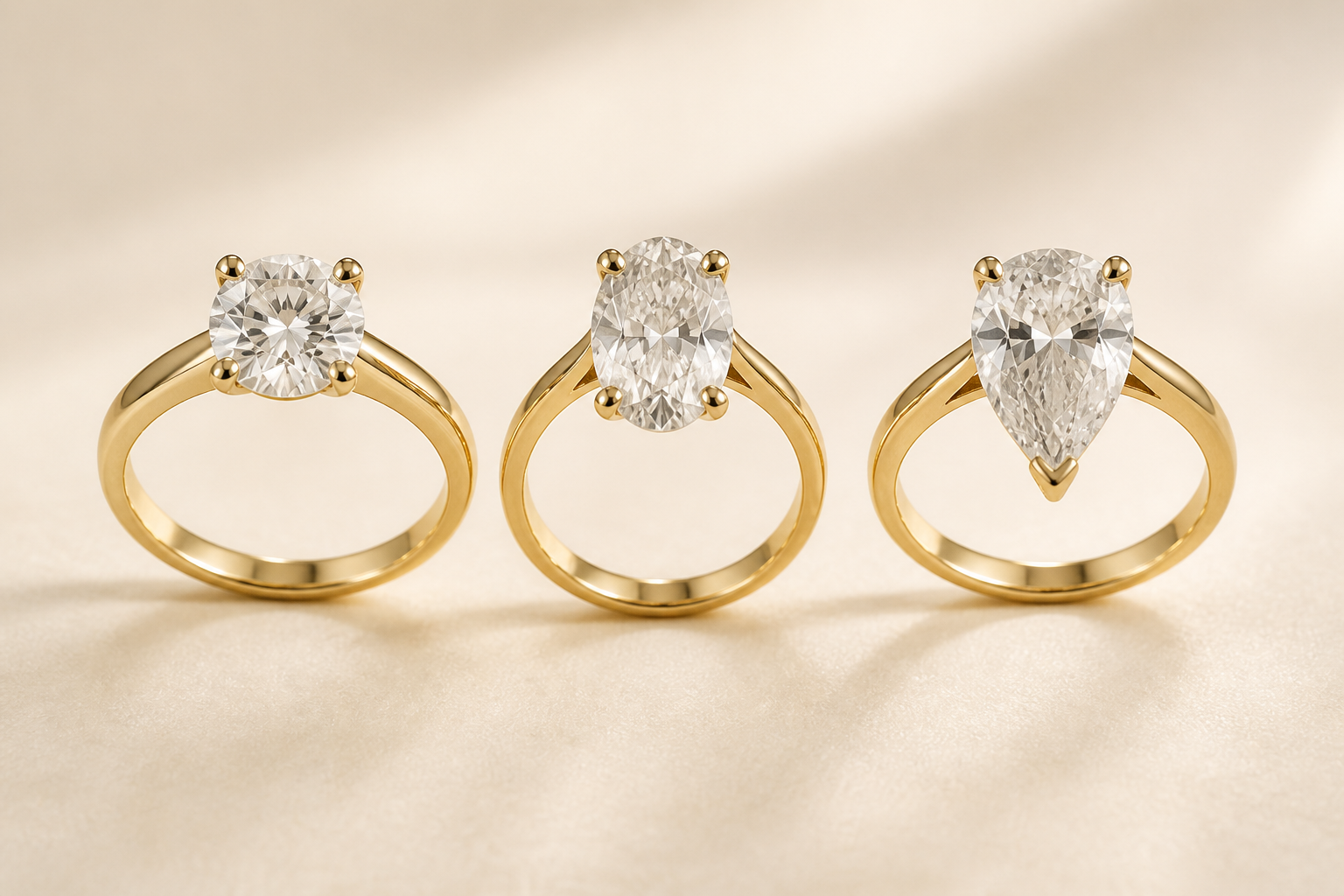 Round, oval, and pear-shaped diamond rings showing prong, claw-prong, and V-prong construction