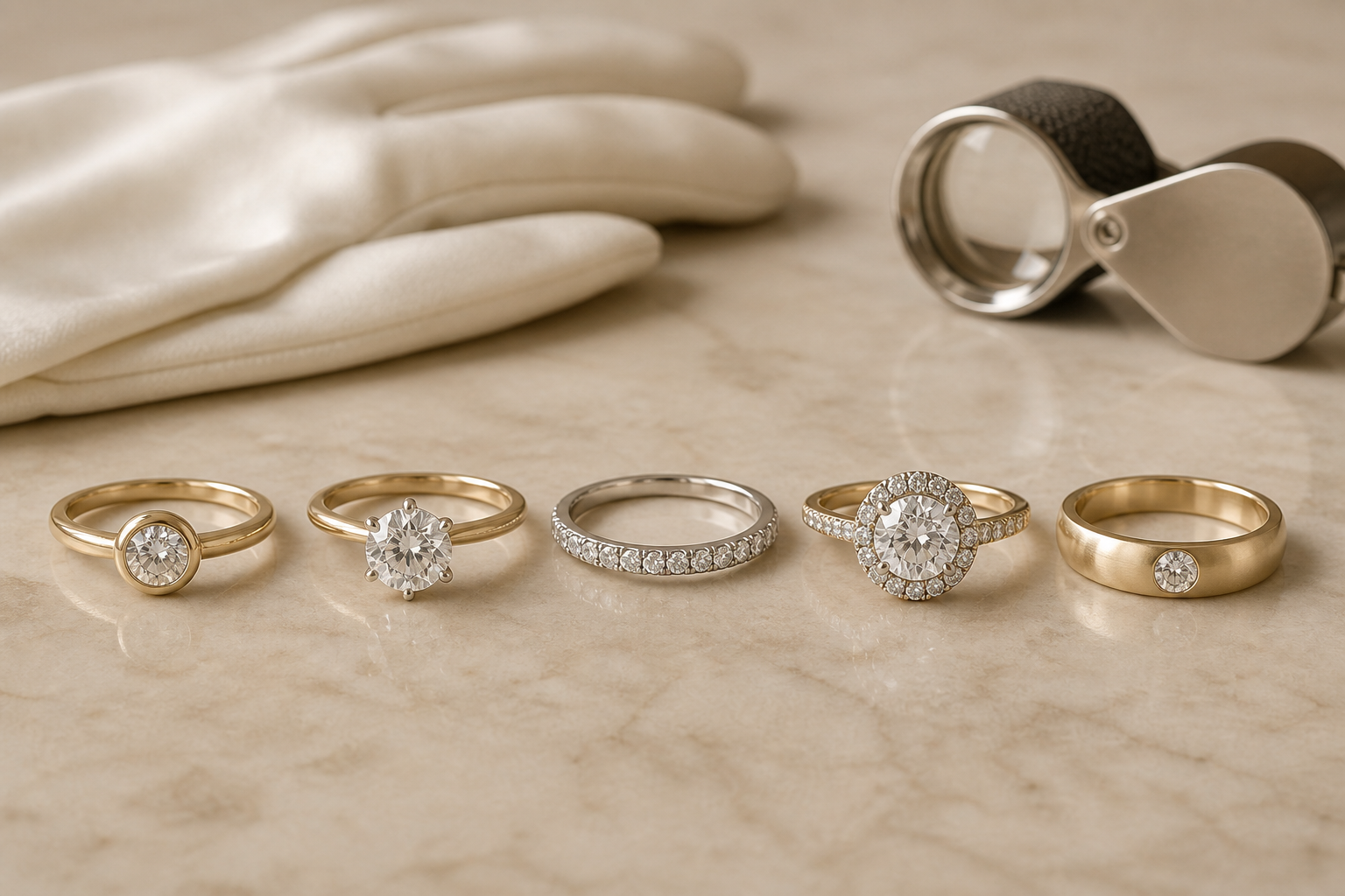 A comparison of bezel, prong, pave, halo, and flush-set diamond rings